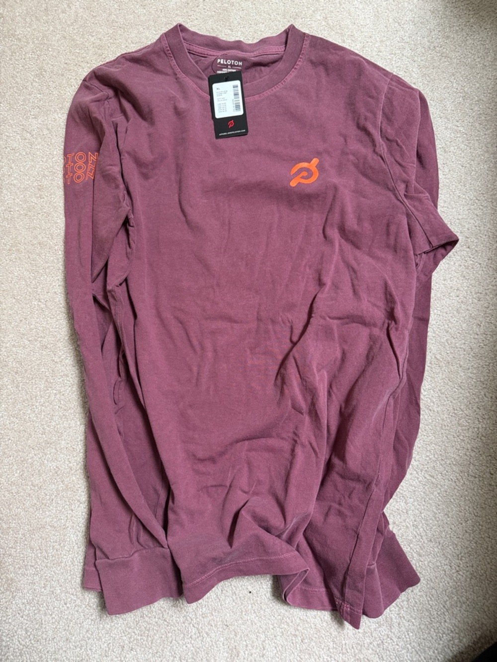 Peloton Long-Sleeve Crew in Wine with Orange Logo